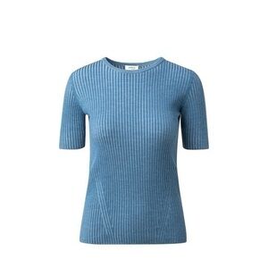 Akris Punto Ribbed Virgin Wool Blue‎ Denim Knit T-Shirt Top Pullover